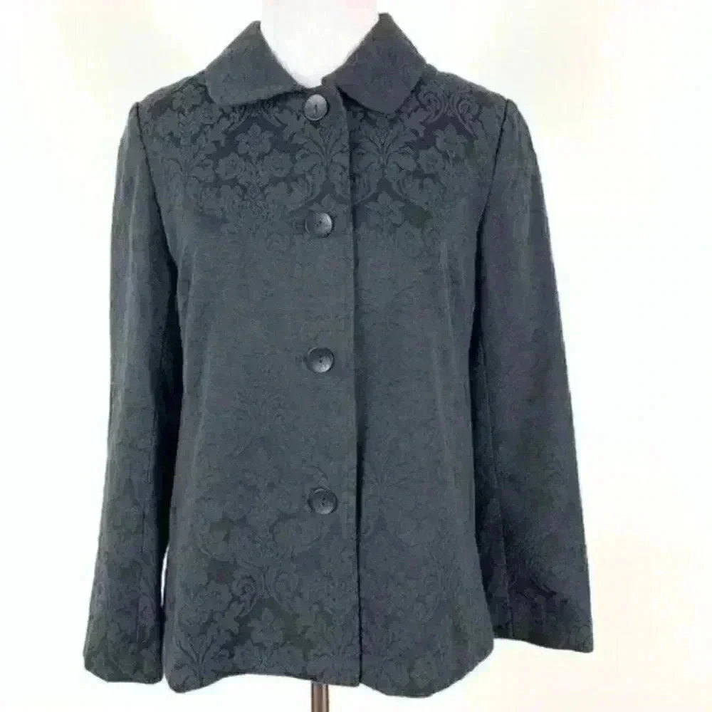 J Jill blazer size 4P black tapestry paisley Peter Pan collar 4 button jacket